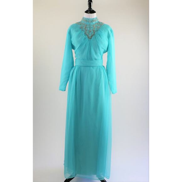 Vintage 1970s Blue Chiffon Maxi Dress with Ornately Beaded Neckline Medium - Picture 3 of 10